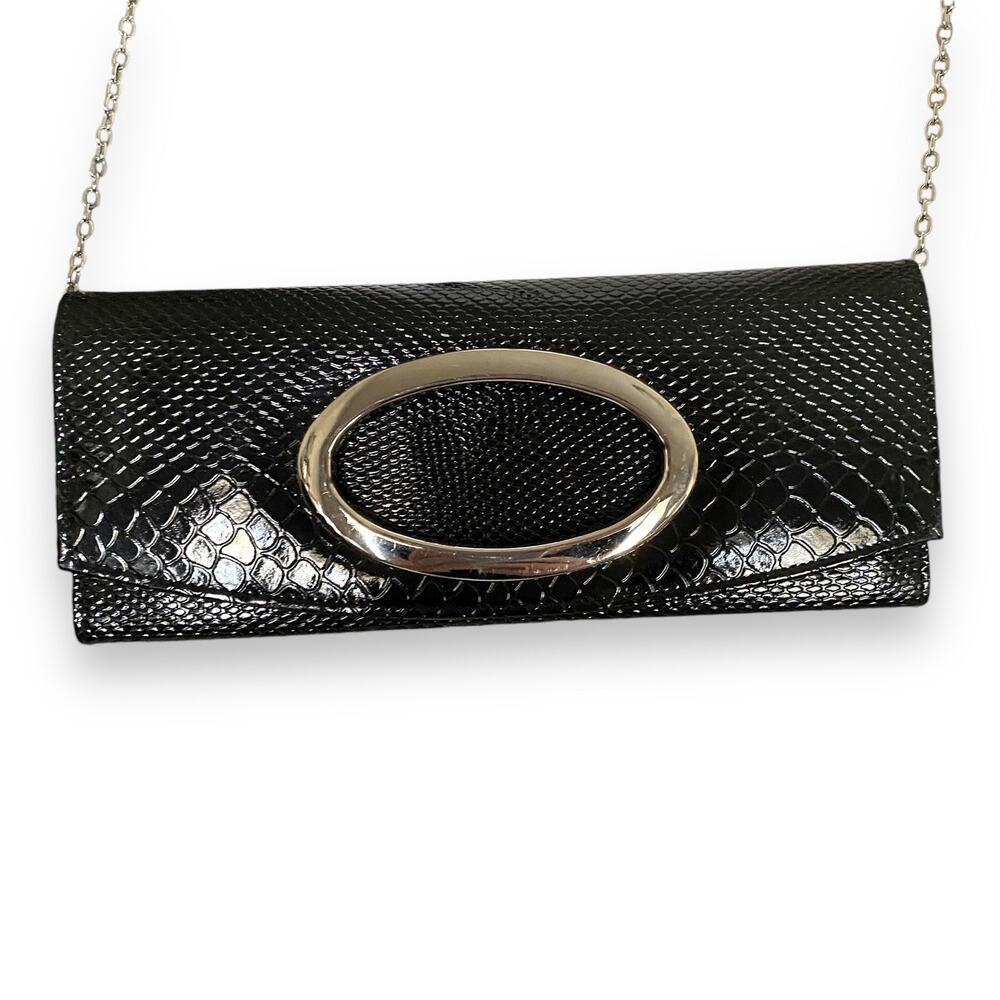 VNTG 90s Patent Snake Embossed East West HandBag Purse Black Chain Strap Clutch - Picture 6 of 9